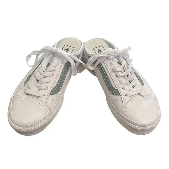 VANS Style 36 True White / Green Mileiu Leather Slide Mules 6.5