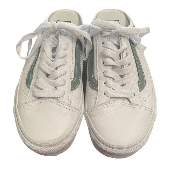 VANS Style 36 True White / Green Mileiu Leather Slide Mules 6.5