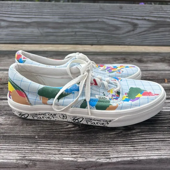 Vans womens era save our planet world map sneakers 8 blue