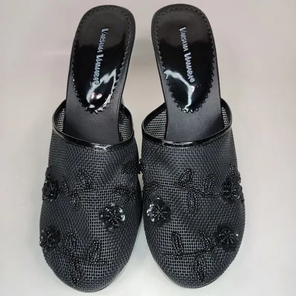 Varsavia Viamara High Heel Shoes Black Size 8.5 Mesh Upper Beaded Floral Design