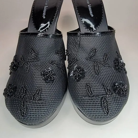 Varsavia Viamara High Heel Shoes Black Size 8.5 Mesh Upper Beaded Floral Design