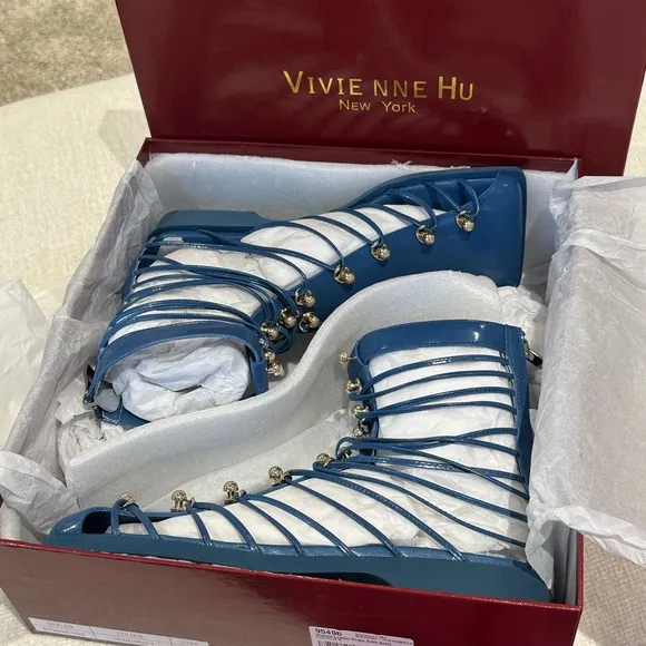 VHNY Vivienne Hu size 38 or 8 Cobalt Studded Leather Straps NEW w/Box &amp; Dust Bag