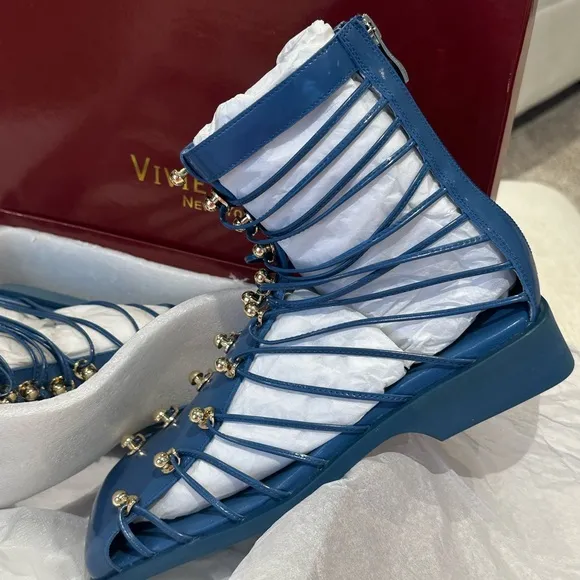 VHNY Vivienne Hu size 38 or 8 Cobalt Studded Leather Straps NEW w/Box &amp; Dust Bag