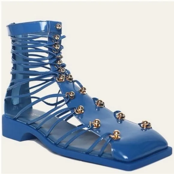 VHNY Vivienne Hu size 38 or 8 Cobalt Studded Leather Straps NEW w/Box &amp; Dust Bag