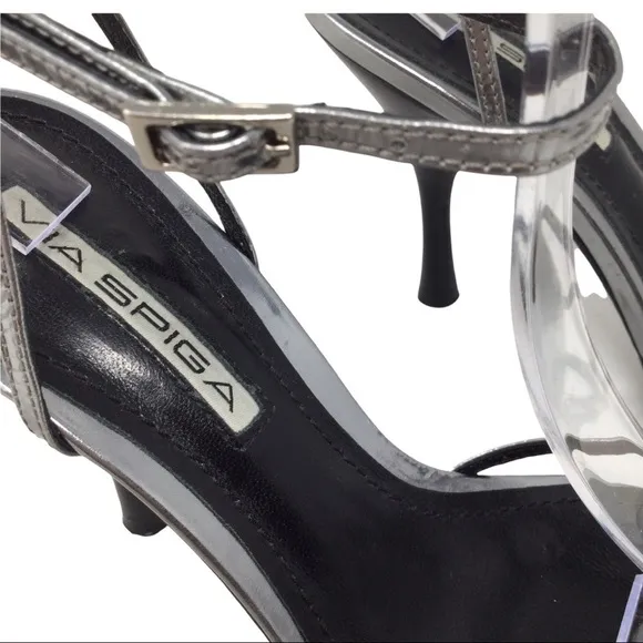 Via Spiga Leather Ankle Strappy High Heel Sliver Metallic Shoes