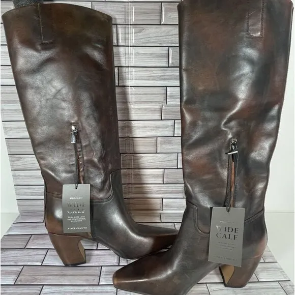 Vince Camuto Dark Caramel Leather WIde Calf Cristen Knee High Boots Size 10-NEW
