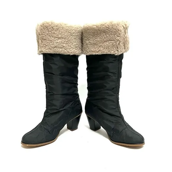Vintage 1970s deadstock black nylon fleece lined knee high winter boots
