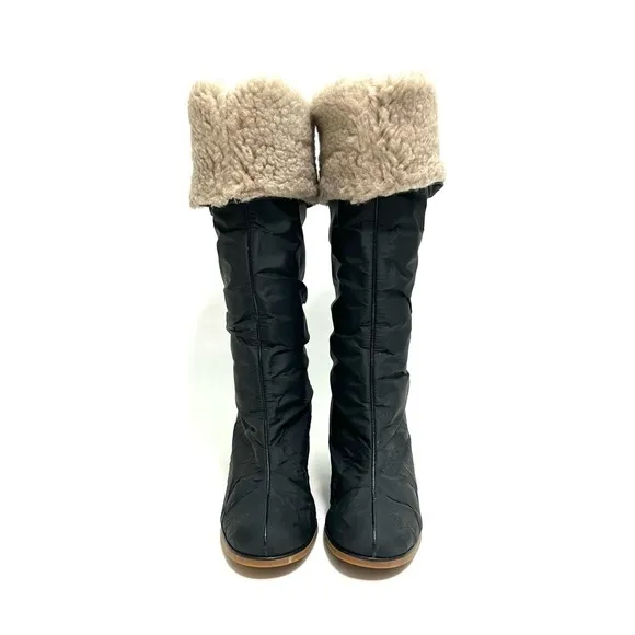 Vintage 1970s deadstock black nylon fleece lined knee high winter boots
