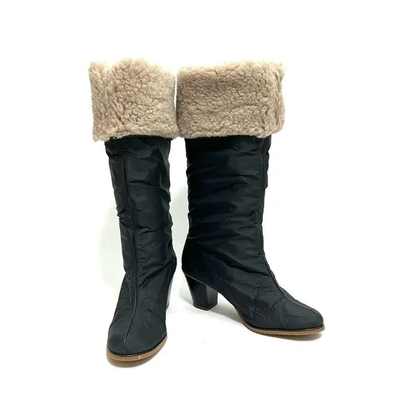 Vintage 1970s deadstock black nylon fleece lined knee high winter boots