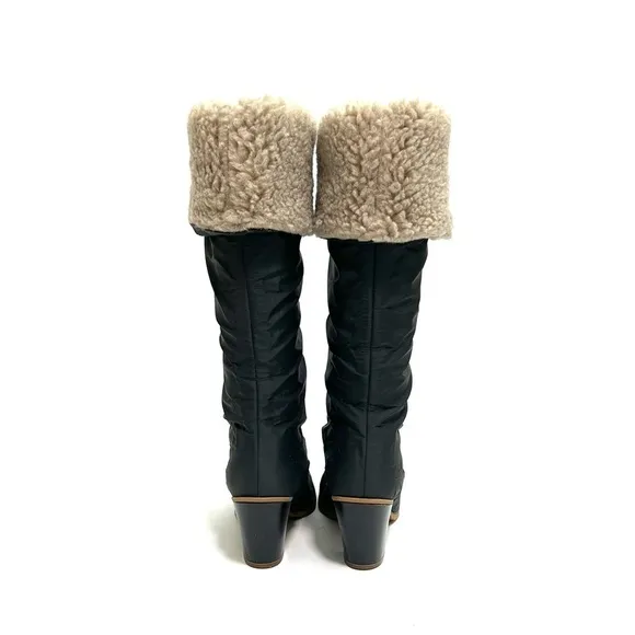 Vintage 1970s deadstock black nylon fleece lined knee high winter boots