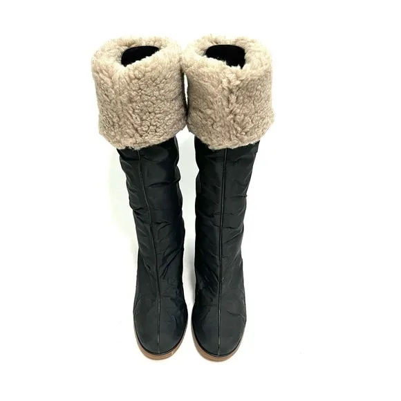 Vintage 1970s deadstock black nylon fleece lined knee high winter boots