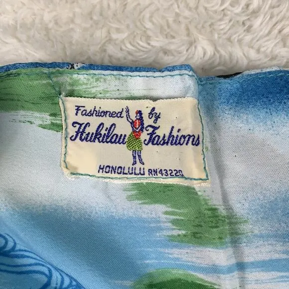 Vintage 70s Hukilau Fashions Hawaiian blue maxi halter dress, med to L
