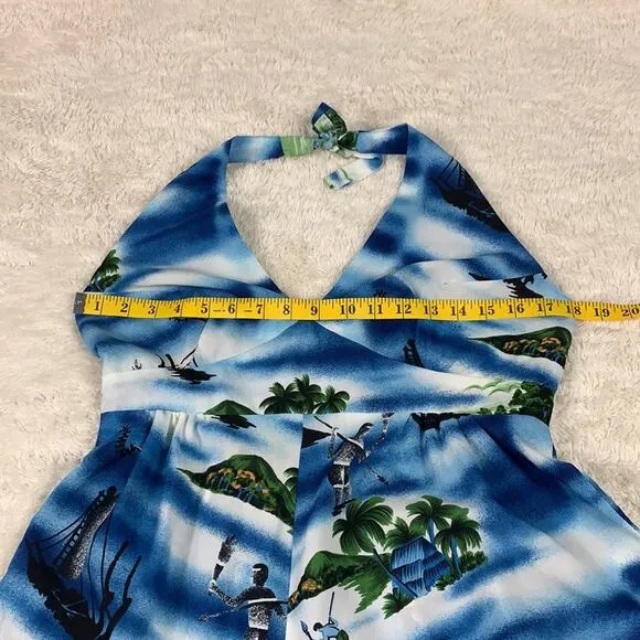 Vintage 70s Hukilau Fashions Hawaiian blue maxi halter dress, med to L