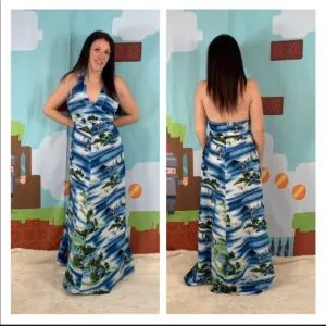 Vintage 70s Hukilau Fashions Hawaiian blue maxi halter dress, med to L