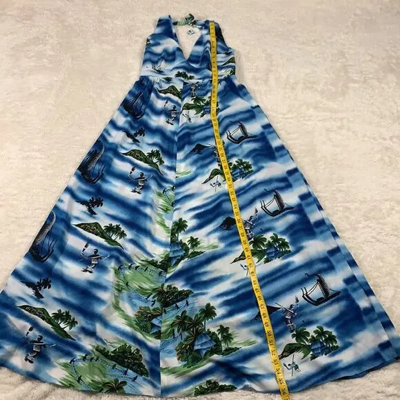 Vintage 70s Hukilau Fashions Hawaiian blue maxi halter dress, med to L