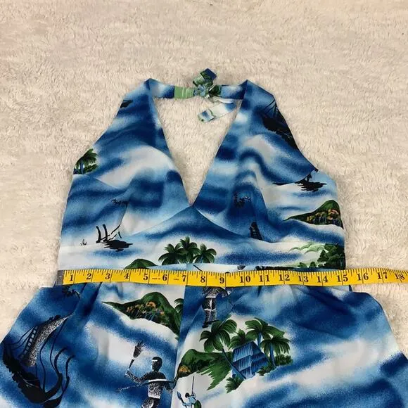 Vintage 70s Hukilau Fashions Hawaiian blue maxi halter dress, med to L