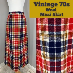 Vintage 70s Maxi Skirt Plaid Tartan Wool Fall Winter Boho Hippie Grunge Punk