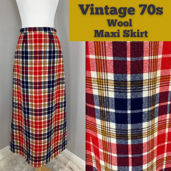 Vintage 70s Maxi Skirt Plaid Tartan Wool Fall Winter Boho Hippie Grunge Punk