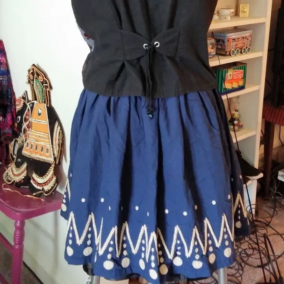 Vintage Ethnic Skirt Blue Embroidred Lafen…