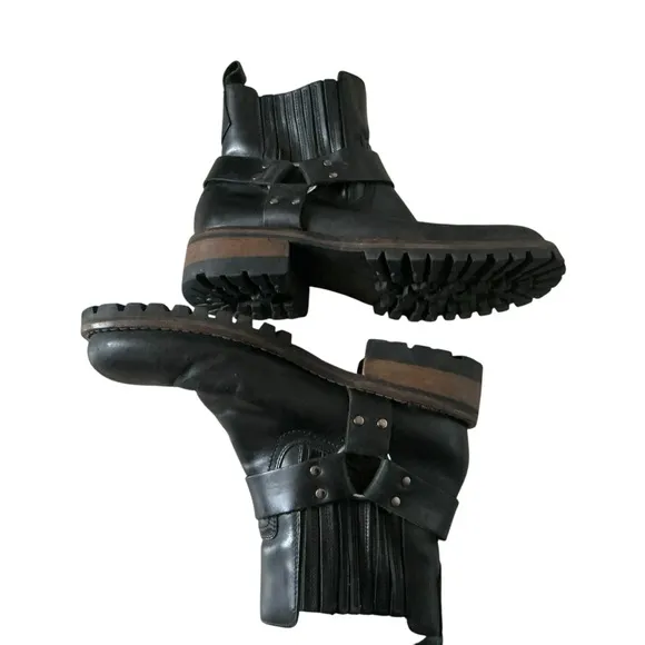 Vintage GBX dorado moto Black Leather Ankle Boots biker harness boots Sz 10