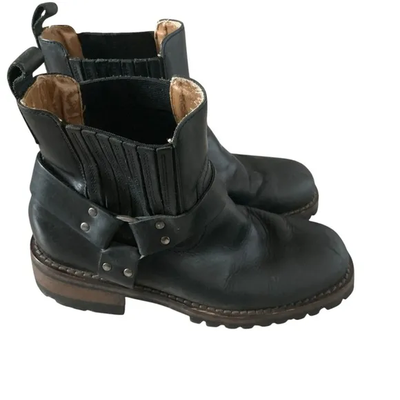 Vintage GBX dorado moto Black Leather Ankle Boots biker harness boots Sz 10