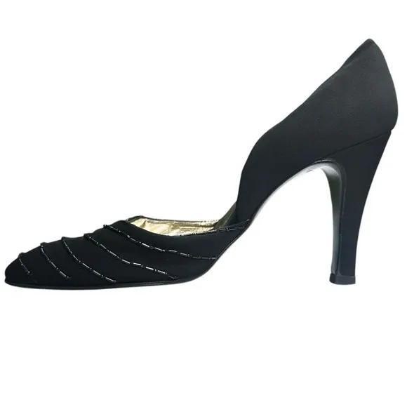 Vintage Gino Aldrovandi Black Shoes Pumps Fabric Beaded Size EU 38 1/2 US 8