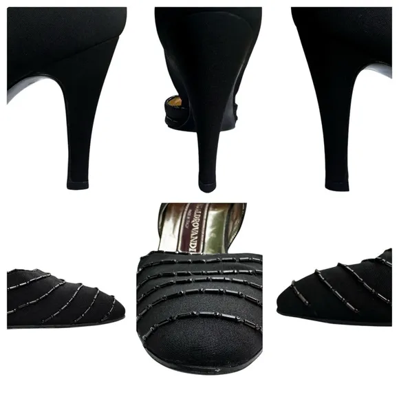 Vintage Gino Aldrovandi Black Shoes Pumps Fabric Beaded Size EU 38 1/2 US 8