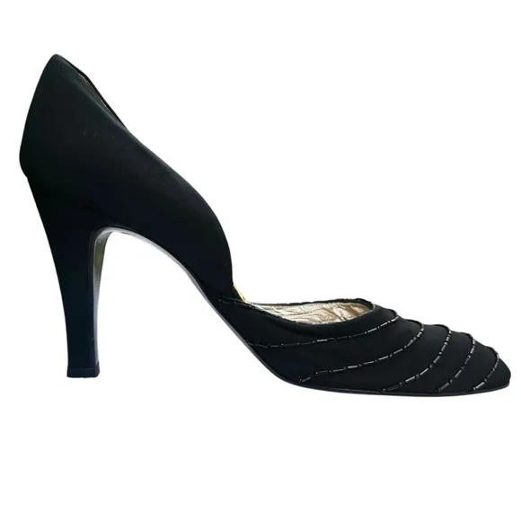 Vintage Gino Aldrovandi Black Shoes Pumps Fabric Beaded Size EU 38 1/2 US 8