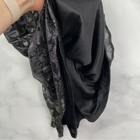 Vintage Jessica McClintock Gunne Sax Metallic Floral Slip Midi Dress Black XS