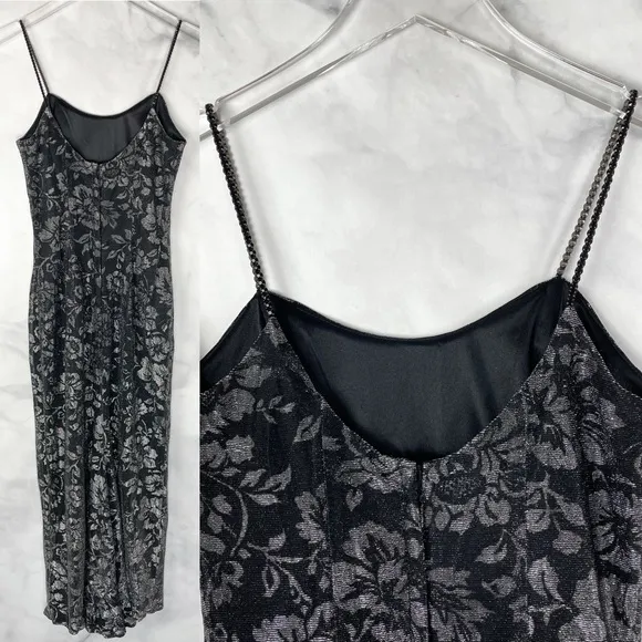 Vintage Jessica McClintock Gunne Sax Metallic Floral Slip Midi Dress Black XS