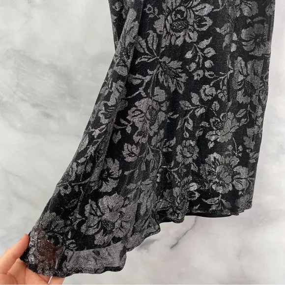 Vintage Jessica McClintock Gunne Sax Metallic Floral Slip Midi Dress Black XS