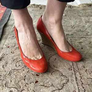 Vintage Lanvin patent leather 3” heels/ wedges. Color: Coral/orange.