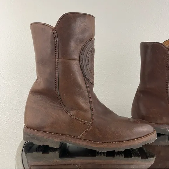 Vintage Mens Western Dark Brown Leather Embossed Eagle Mid Calf Winter Boots