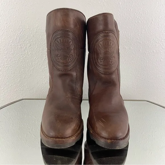 Vintage Mens Western Dark Brown Leather Embossed Eagle Mid Calf Winter Boots