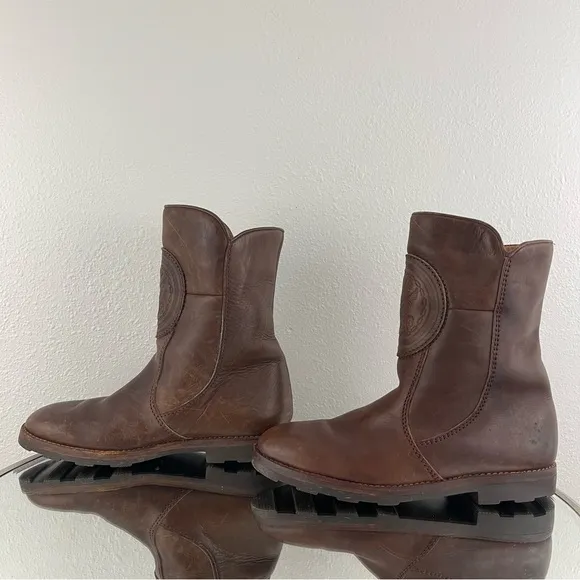 Vintage Mens Western Dark Brown Leather Embossed Eagle Mid Calf Winter Boots