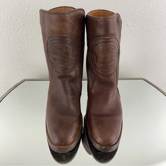 Vintage Mens Western Dark Brown Leather Embossed Eagle Mid Calf Winter Boots