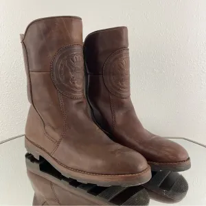 Vintage Mens Western Dark Brown Leather Embossed Eagle Mid Calf Winter Boots