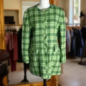 Vintage Mila Schön Wool Coat Green Plaid Italian Tailored Jacket Size 44 Preppy