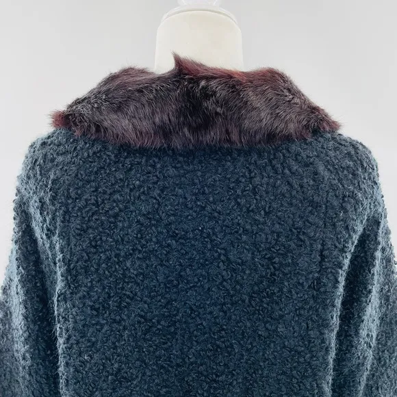 Vintage Winter Black Boucle Knit Brown Mink Collar Short Jacket Button Front S