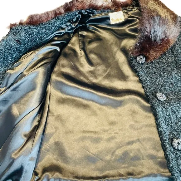 Vintage Winter Black Boucle Knit Brown Mink Collar Short Jacket Button Front S