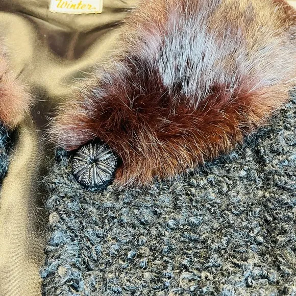 Vintage Winter Black Boucle Knit Brown Mink Collar Short Jacket Button Front S