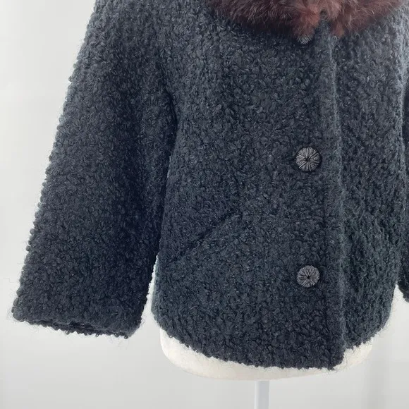 Vintage Winter Black Boucle Knit Brown Mink Collar Short Jacket Button Front S