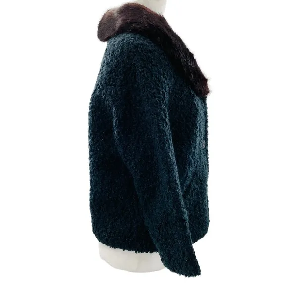 Vintage Winter Black Boucle Knit Brown Mink Collar Short Jacket Button Front S