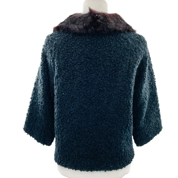 Vintage Winter Black Boucle Knit Brown Mink Collar Short Jacket Button Front S