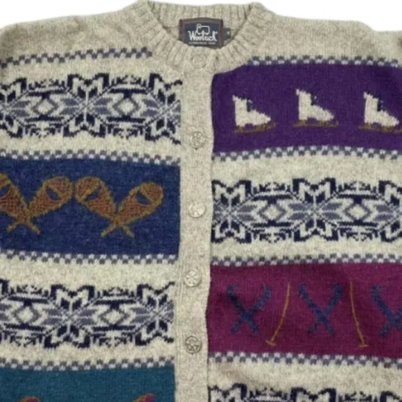 Vintage Woolrich Sweater Fair Isle Nordic Winter Sports Wool Crewneck Cardigan