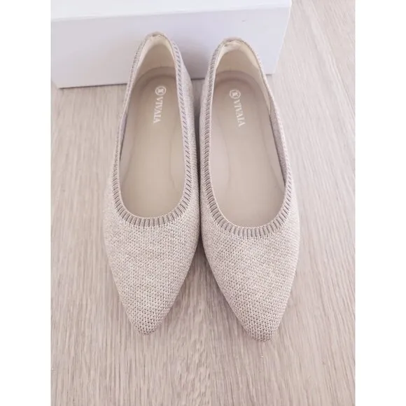 Vivaia Aria 5 Oatmilk Beige Pointed Toe Slip On Knit Ballet Flats Shoes 37 6.5