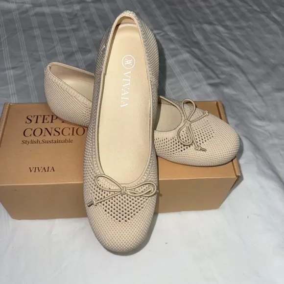 Vivaia Ballet Bow Flats Knit Almond Toe Comfortable Shoes Beige Size 9 EUR40