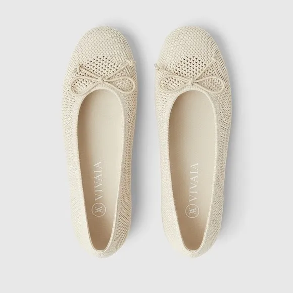 Vivaia Ballet Bow Flats Knit Almond Toe Comfortable Shoes Beige Size 9 EUR40