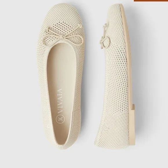 Vivaia Ballet Bow Flats Knit Almond Toe Comfortable Shoes Beige Size 9 EUR40