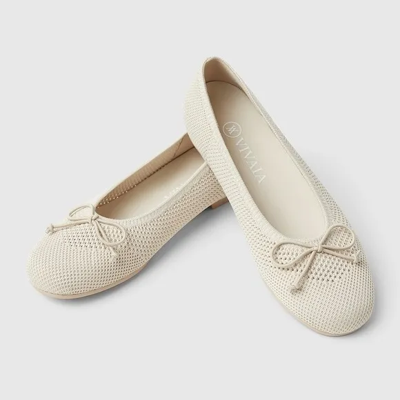 Vivaia Ballet Bow Flats Knit Almond Toe Comfortable Shoes Beige Size 9 EUR40